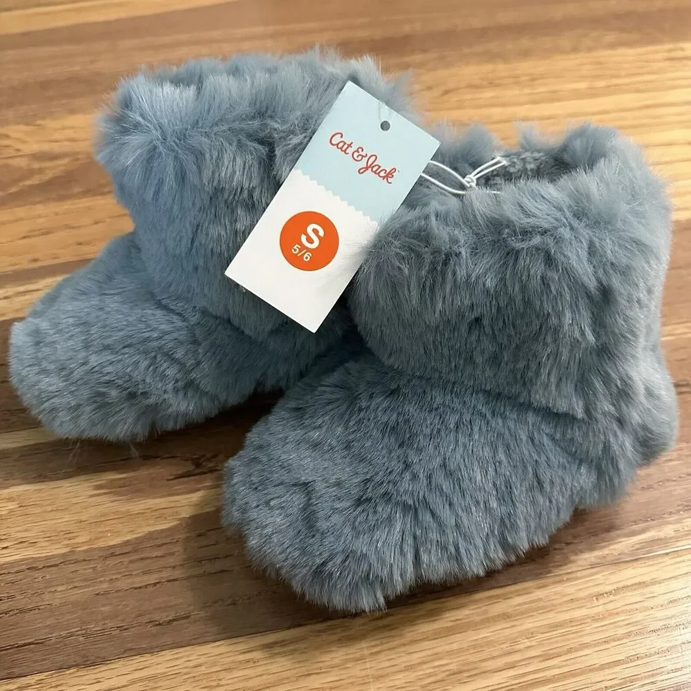 NEW!! Cat & Jack Faux Fur Slip-On Booties, Slippers, Non-Slip, Soft, S (5/6)